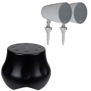 Dayton Audio Powered Outdoor Subwoofer and 6-1/2" Compact Pendant /Landscape Speaker Bundle White